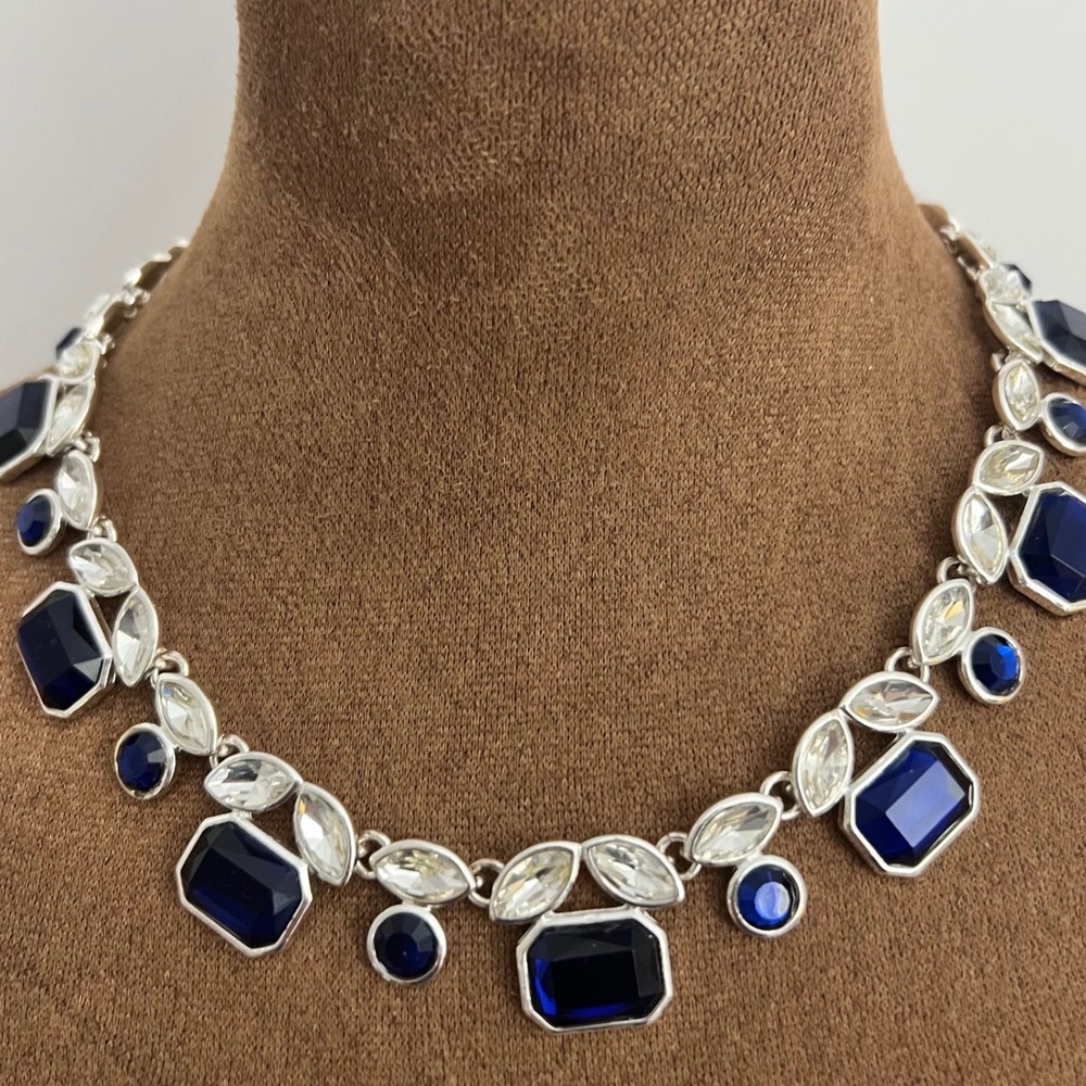 Silver Tone Blue Clear Crystal Statement Necklace 20" Formal Glamour Regal